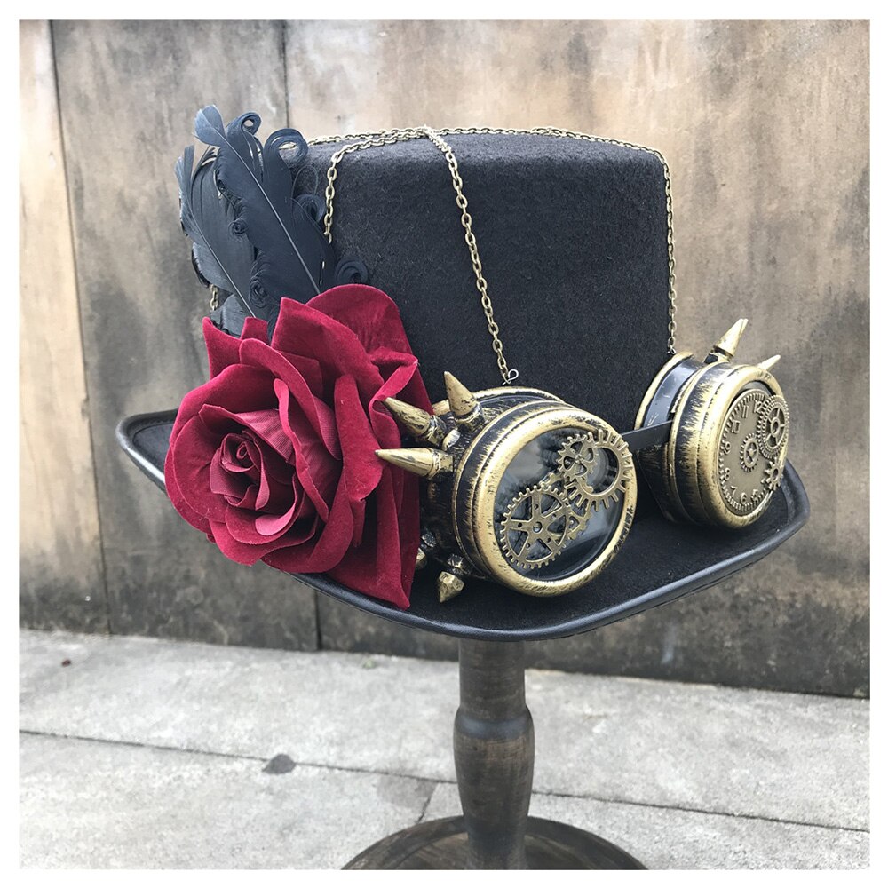 Sombrero Steampunk con tapa hecho a mano para mujer, sombrero redondo mágico con gafas de engranaje y flores para escenario, sombrero de boda, talla 57CM, Sombrero estilo Steampunk