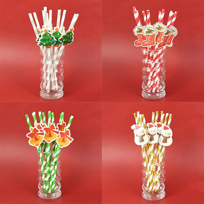 10pcs/set Santa Claus Snowman Elk Paper Drinking Straws Christmas Party DIY Paper Straw Tableware Year Party Decor Supplies