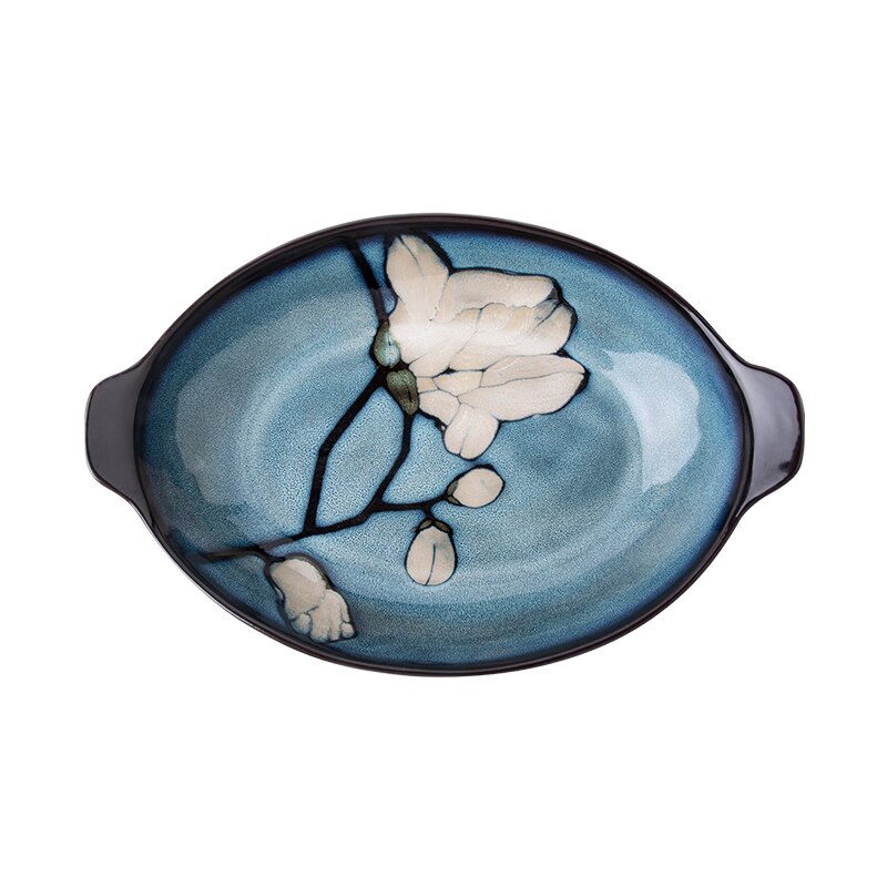 Chinese hand-painted 8-inch double-eared fish plate household fish plate ceramic soup plate oval boat-shaped steamed fish plate