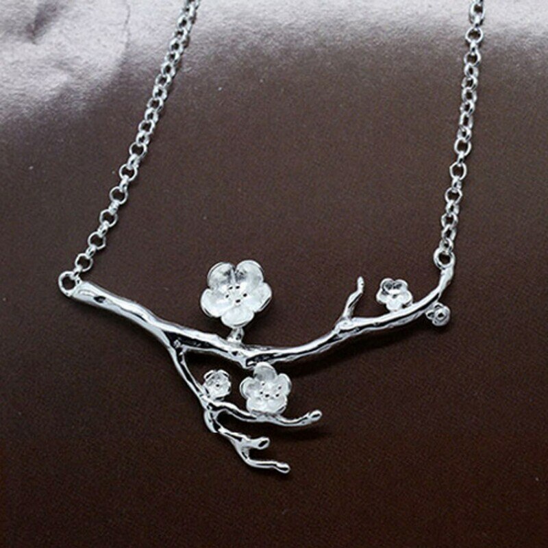 Pure 925 Sterling Silver flower branch Pendant Necklaces for Women Jewely Small Chokers Necklaces Fine Jewelry 4.9