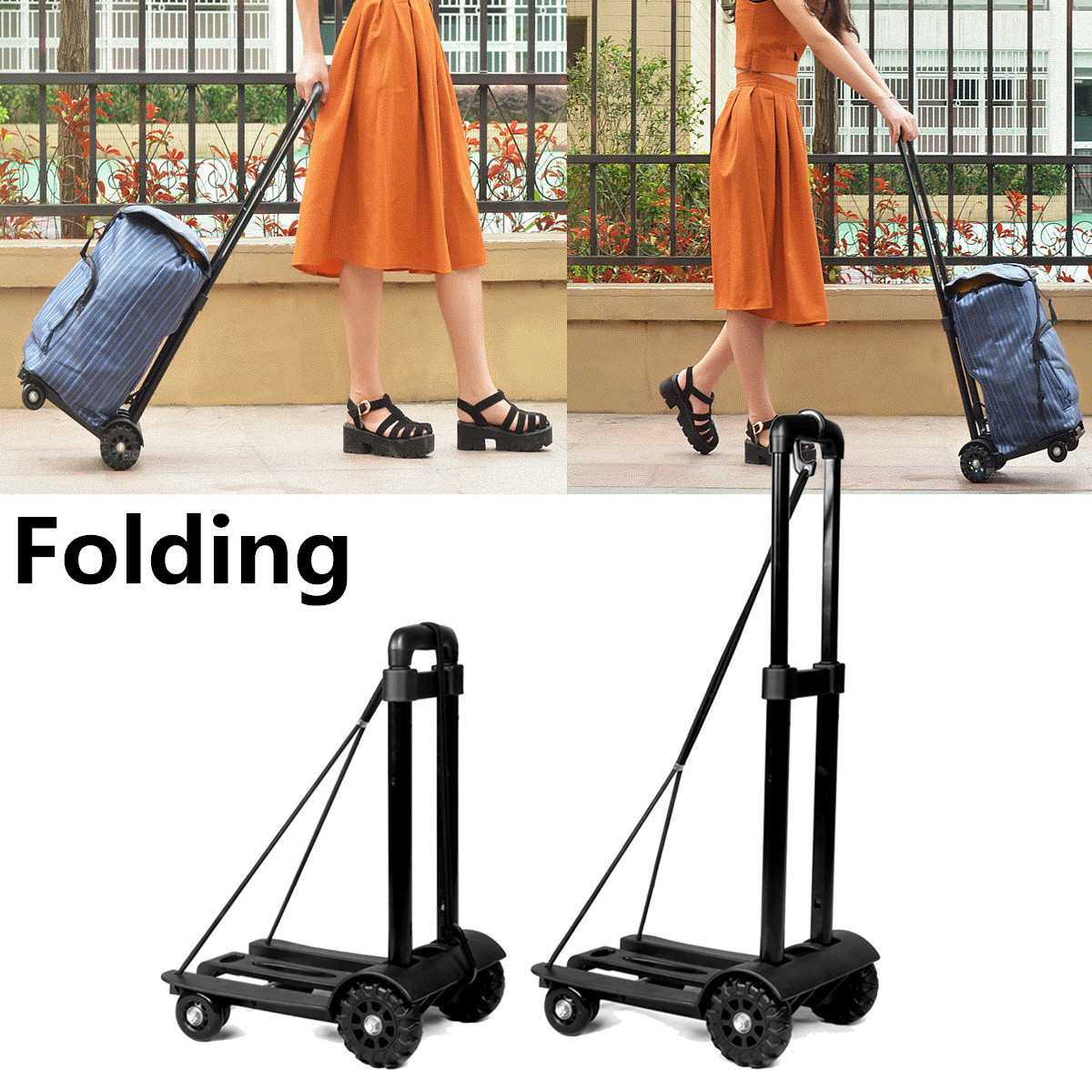 75KG Aluminum Handle Plastic Wheels Folding Cart Shopping Trolley Casters for Shopping Luggage Carrier