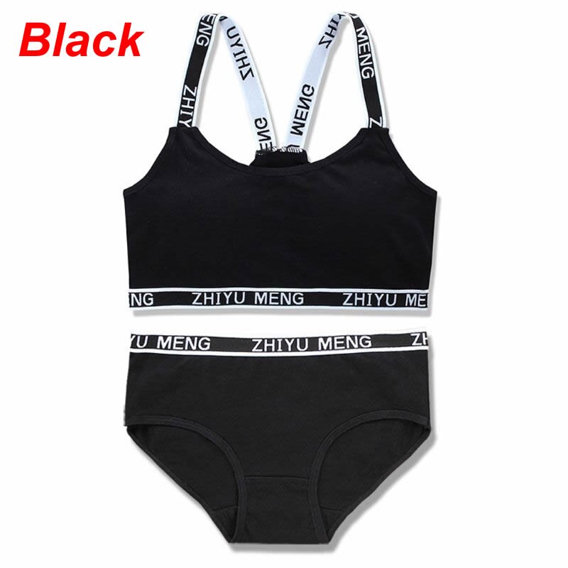 Teen Girls Underwear Soft Padded Cotton Letter Print Bra Set for Young Girls for Yoga Sports Running Free Size: Black