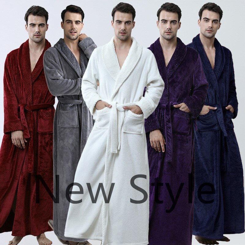 Men's Long Winter Bathrobe Soft Warm Flannel Pure Color Hotel Robe Red Wedding Robes Court Style Pajamas