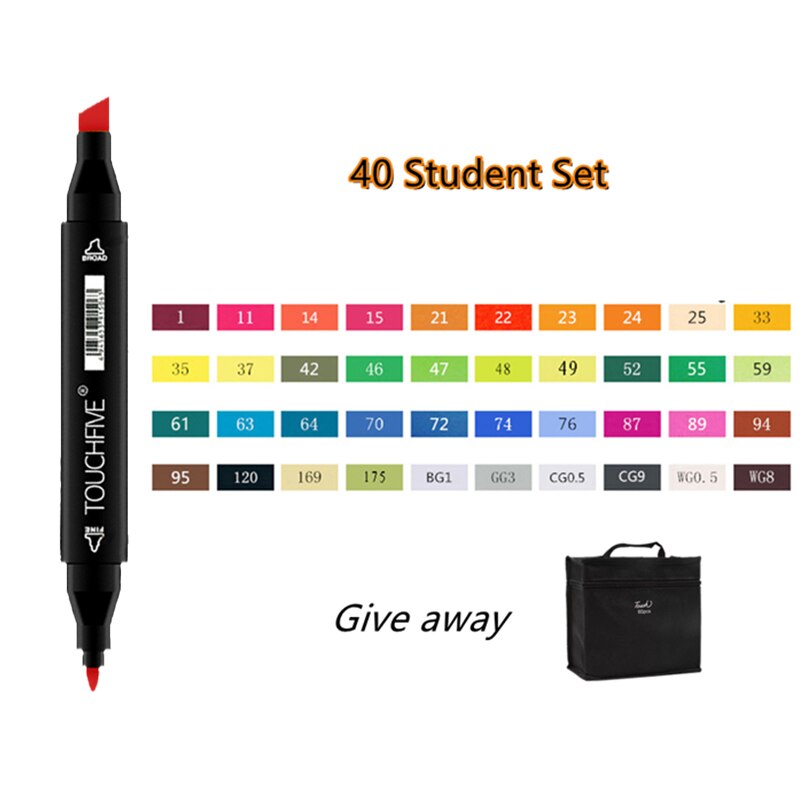 TOUCHFIVE-rotuladores de doble punta para dibujo, marcadores gráficos de Alcohol para bocetos, suministros de arte, 12, 36, 48, 80 y 168 colores: 40Colors student set