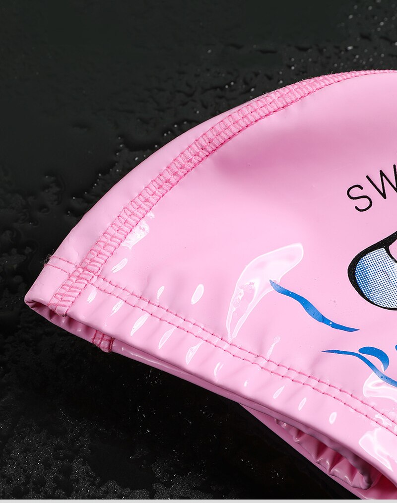 Children's Swimming Cap PU Cartoon Print Boys and Girls Swimming Elastic Hat Swimming Pool Cap Ear Protection Children Cap