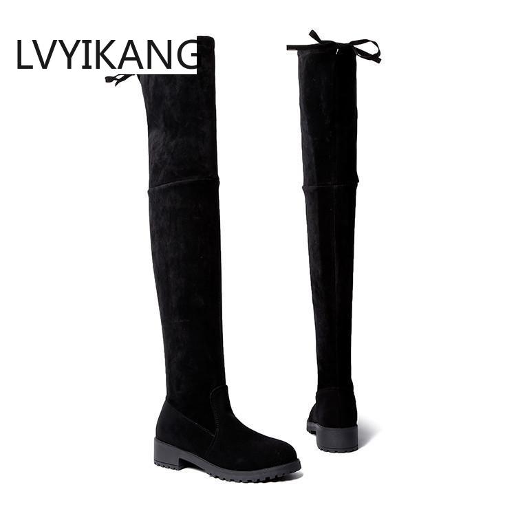 Bottes noires au dessus du genou pour femme, chaussures Sexy, cuissardes hautes, bout rond, automne hiver