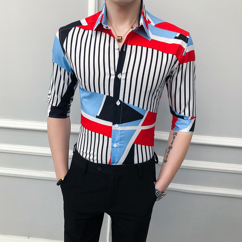 Forår sommer halværmet skjorte herre streetwear all match slim fit herre stribede skjorter club casual bluse herre 3xl