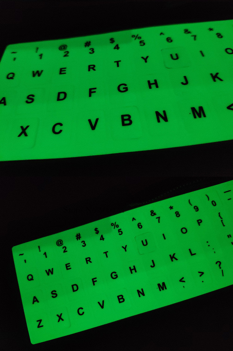 Selvlysende tastaturklistermærker engelsk russisk hebraisk japansk italiensk thai glowing lumious 11 12 13 14 15 17 tommer stationær bærbar computer