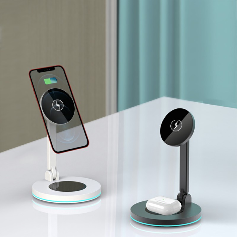 15W Draadloze Oplader Standaard - Opvouwbare 2-in-1 Magnetische Snellader Dock voor iPhone & Oortjes