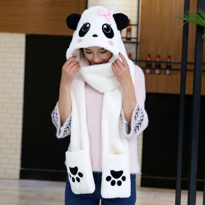 3 in 1 functies dier cartoon koraal fleece sjaal winter mooie panda muts met handschoenen voor kinderen volwassenen kerst: Volwassen bowiet