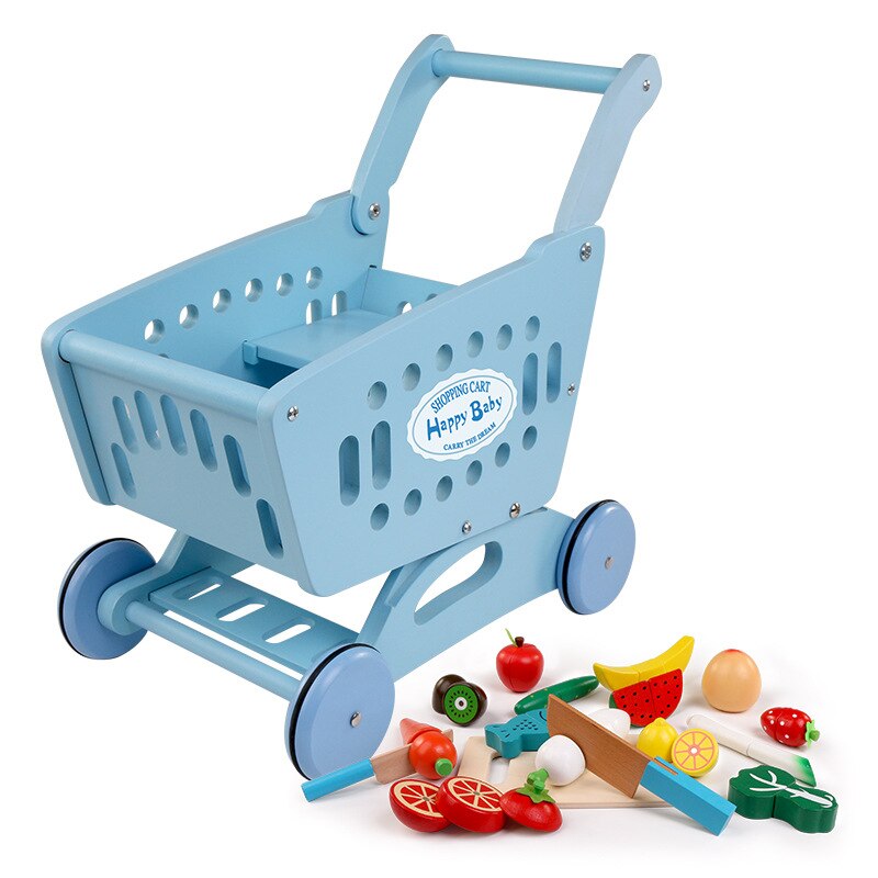 Chariot de courses en bois, maison de jeu pour jardins d'enfants, étagères de supermarché, apprentissage précoce et enfants, jeux de rôle, achats: Blue