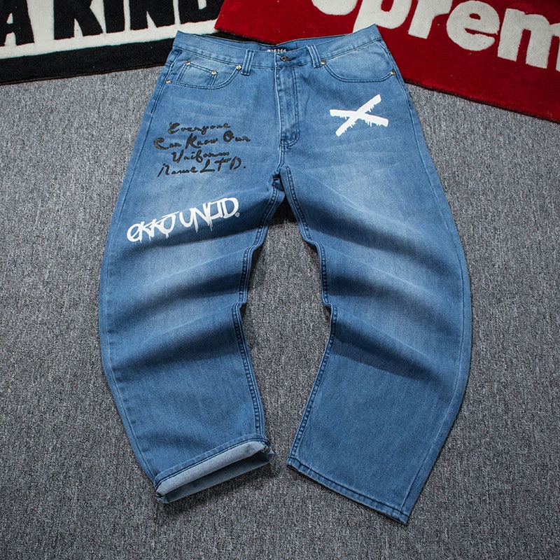 Herre løse baggy jeans bukser efterår vinter plus størrelse hip hop bogstavtryk hip hop jeans mænd brede ben skateboard denim bukser: 44