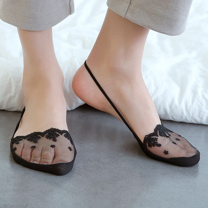 Calcetines invisibles de tacón alto con encaje para mujer, medias con media palma, con encaje, con tirantes, estilo japonés, para verano: Beige