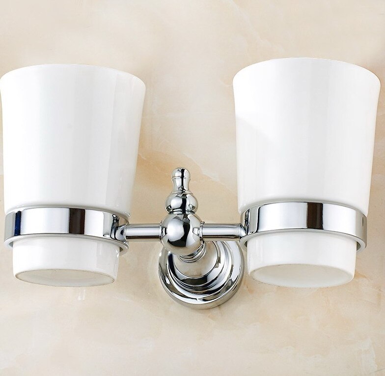 Polished Chrome Brass Wall Mounted Double Tumbler Holder White Ceramics Toothbrush Cup Bathroom Accessory aba908