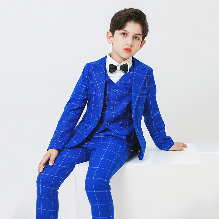 Forår efterår drenge plaid dragt sæt koreanske børn fashionableblazer bukser vest 3 stk tøj sæt børnefest bryllup kostume: 10t