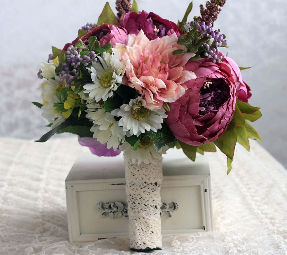 SexeMara Purple Bride Wedding Bouquet Silk Flowers with Ribbon Handmade Bridal Bouquets Ramos