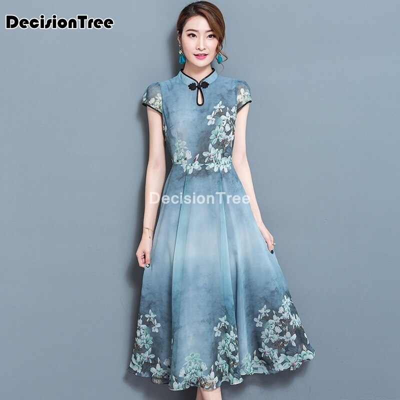 vestido qipao vestido chino cheongsam chiffon Vintage bordado flor mujeres Qipao Vestidos cheongsam moderno