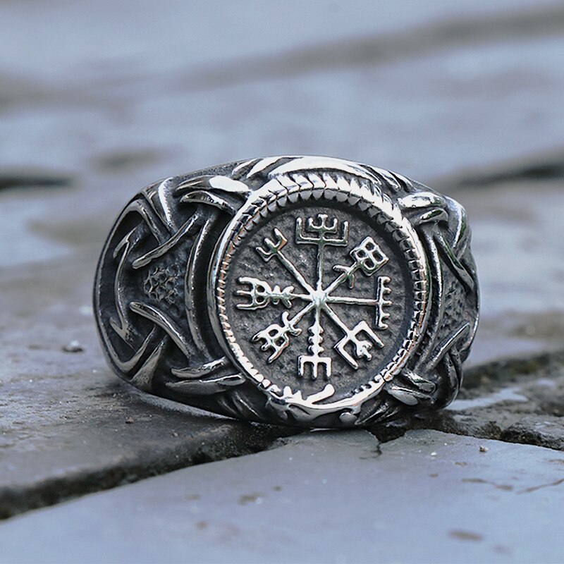 Vintage Viking Aegishjalmur Ring Rvs Nordic Patroon Kompas Vegvisir Ring Mannen Amulet Patroon Sieraden