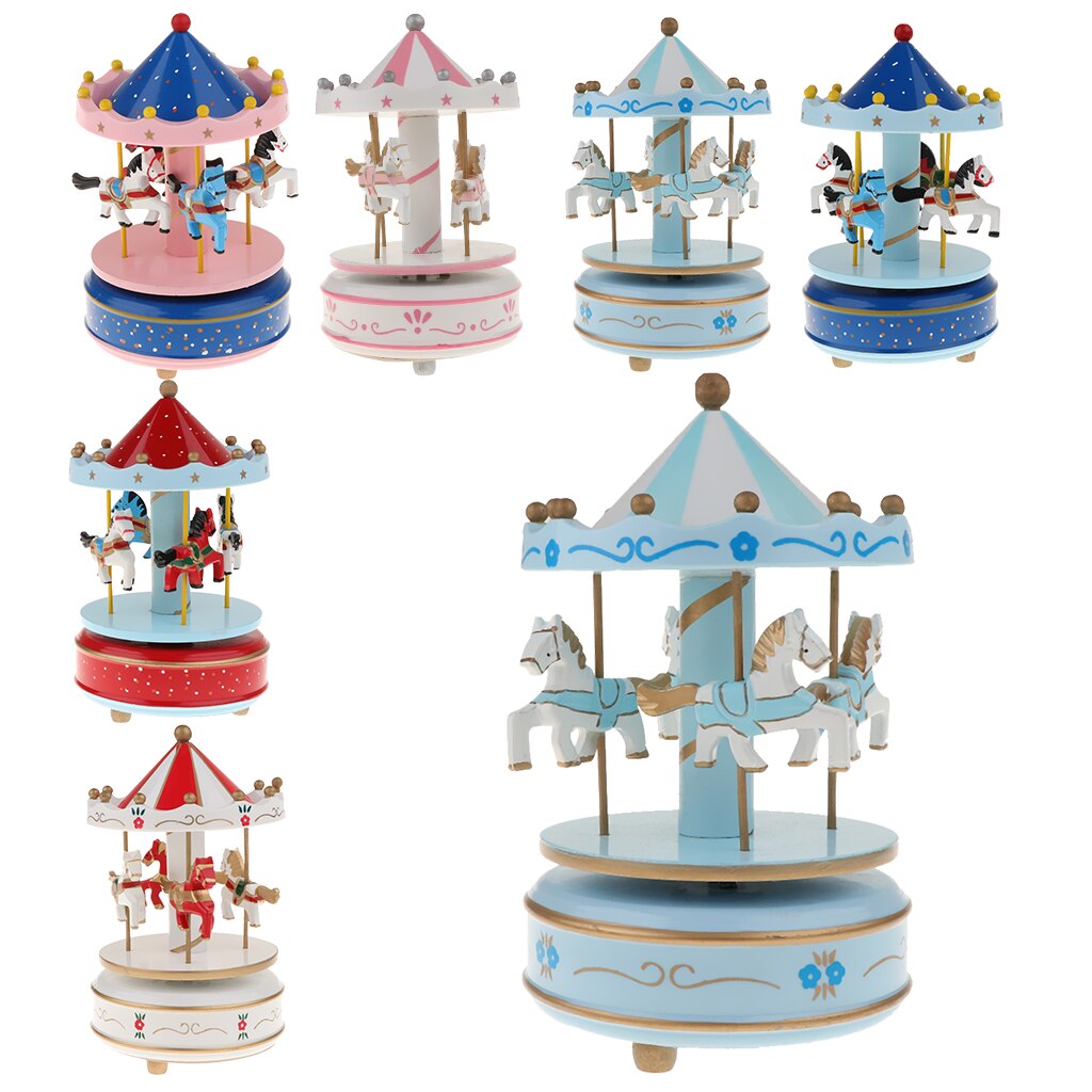 Leuke Houten Musical Box Met Draaibare Carrousel Met Kleine Paarden Wind Up Music Box Kids Schattige -Roze/blauw/Rood