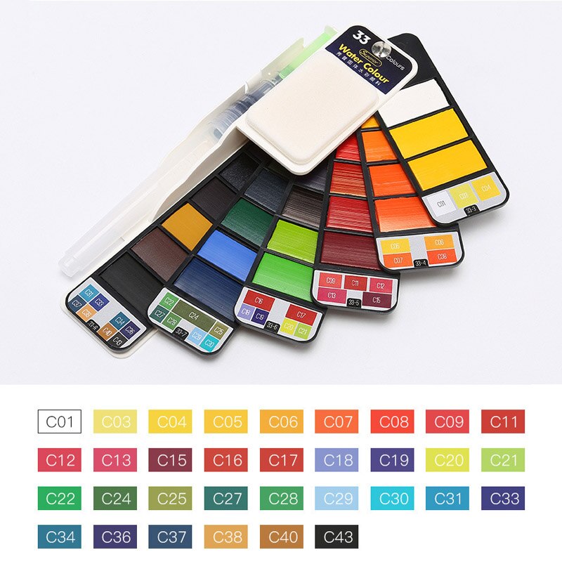 18/25/33/42 farver solid akvarelsæt sammenklappelig vandfarve maling vandbørste pigment til tegning af papirvarer: 33 farver