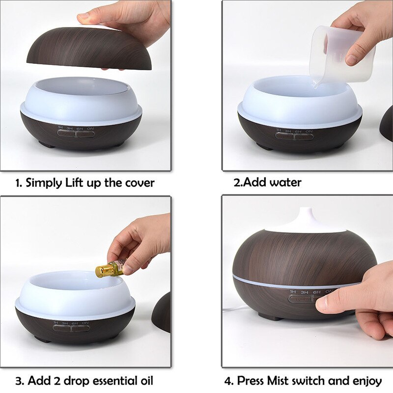 550ml Wood Grain Aroma Diffuser Ultrasonic Essential Oil Diffuser Timing Air Humdifier with 7 Colors LED Lights Air Purifier