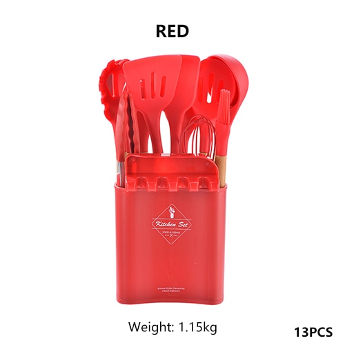 Juego de utensilios de silicona para la cocina, espátulas y palas antiadherentes con mango de madera, instrumentos para cocinar con recipiente de almacenamiento, accesorios para cocinas: Red