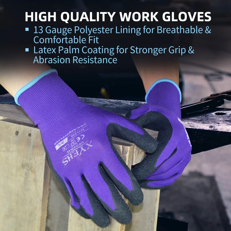 XYEHS 12 Pairs Anti-Slip Dipped Latex Coated Work Gloves, 13 Gauge Polyester Knitted Abrasion & Water Resistant for Construction