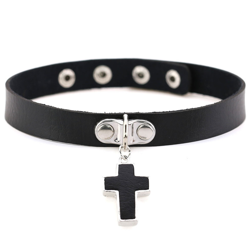 Black Goth choker necklace for women punk leather choker with cross statement pu chocker Collar jewelry Street dance