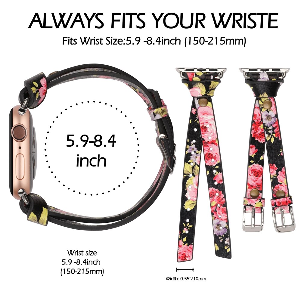 Toyouths dobbel skinnrem for apple watch serie 5 4 3 2 1 stropp for iwatch chic kvinner menn skinn 38mm/40mm /42mm/44mm