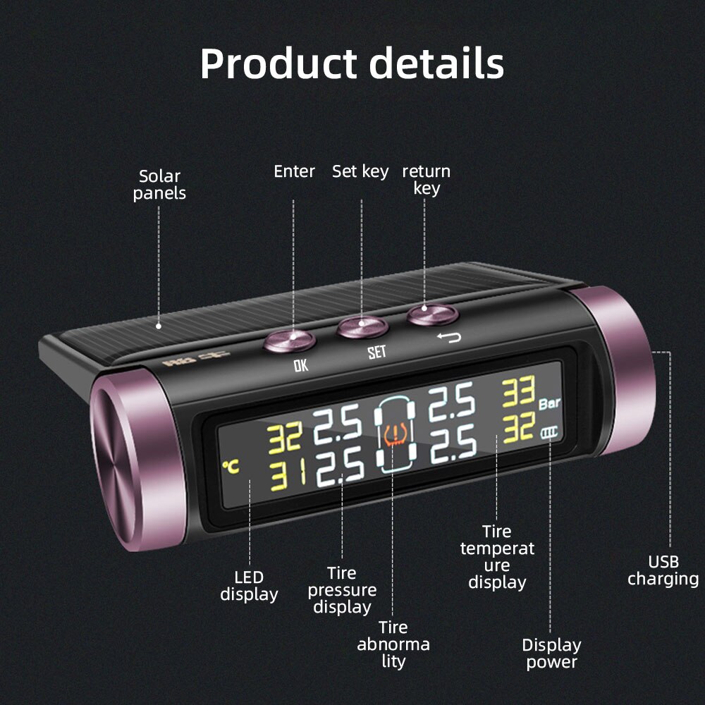 Tpms lastbil 6 dæk 6 stk ekstern sensor høj temperatur alarm dæktryk overvågningssystem dækmåler digital eksplosionssikker