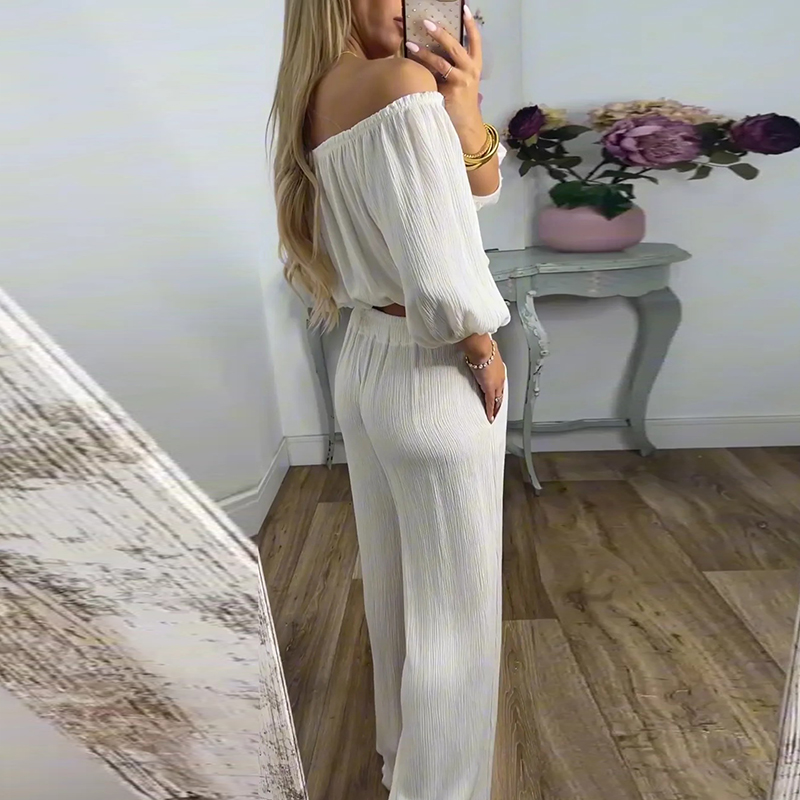 Sommerlig rett løst antrekk sexy enskuldret topp med knytebukser damesett retro ensfarget kortermet pendlerdress