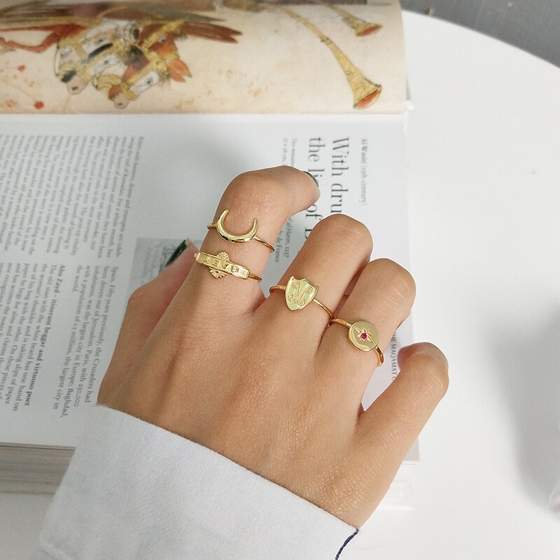 GHIDBK 925 sterlina Argento Anelli Dichiarazione di impostato Oro Starburst Del bambino luna Impilabile Anello per Le Donne Minimalista pila Anello tutto'ingrosso