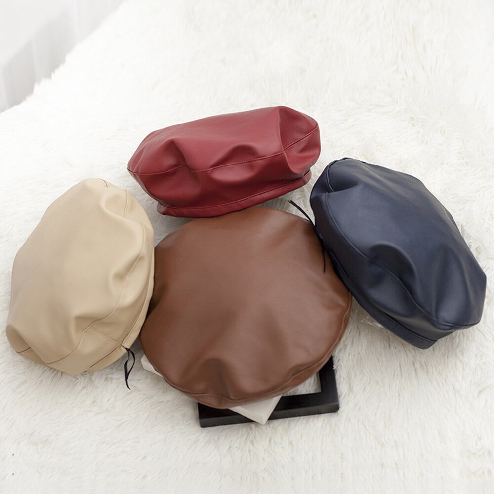 Winter baret pet dames casual pu leren baret hoed voor dames herfst retro mutsen