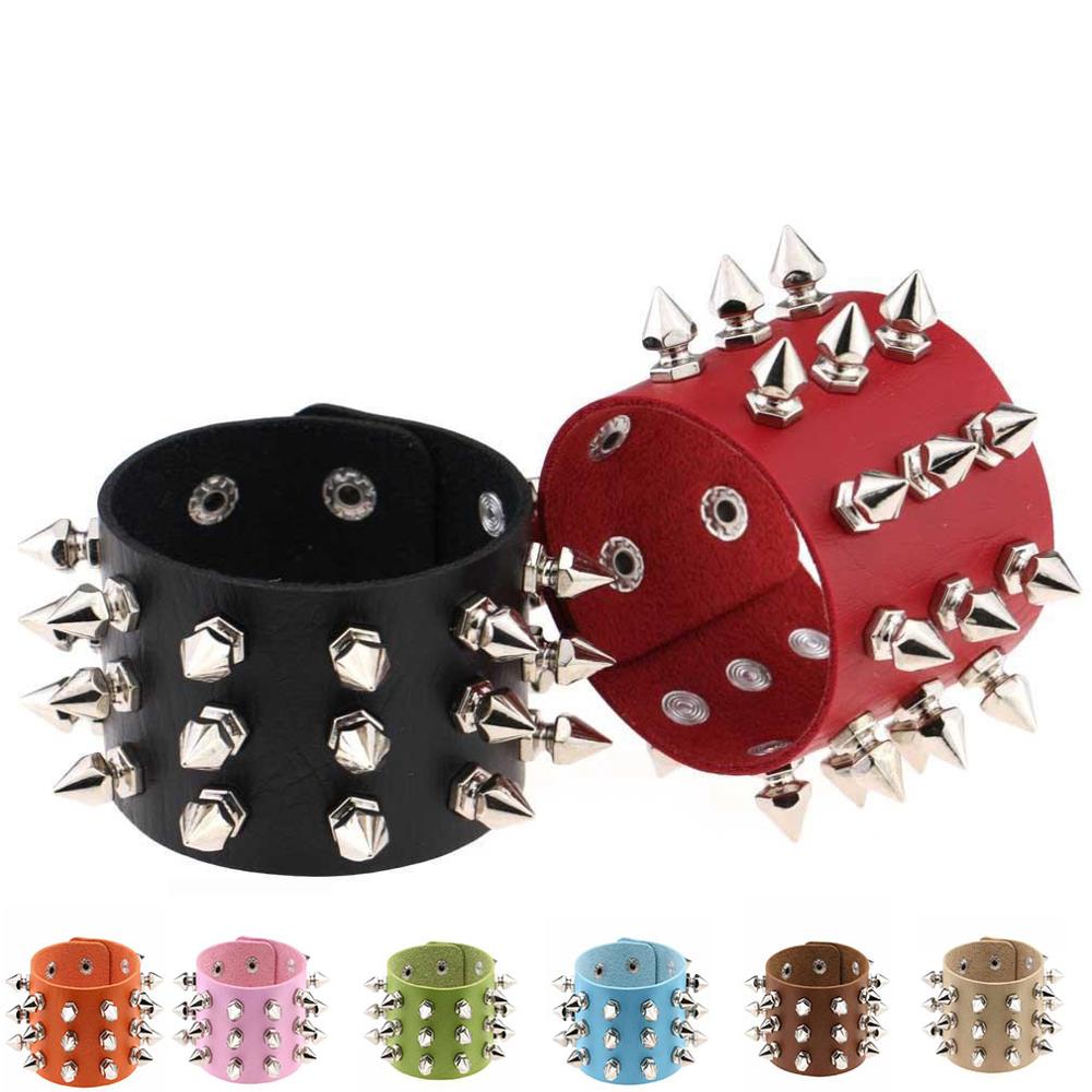 Punk Gothic Rock Spits Toelopend Spikes Rivet Cone Stud Brede Leren Manchet Armband Charm Armband Mode Unisex Sieraden