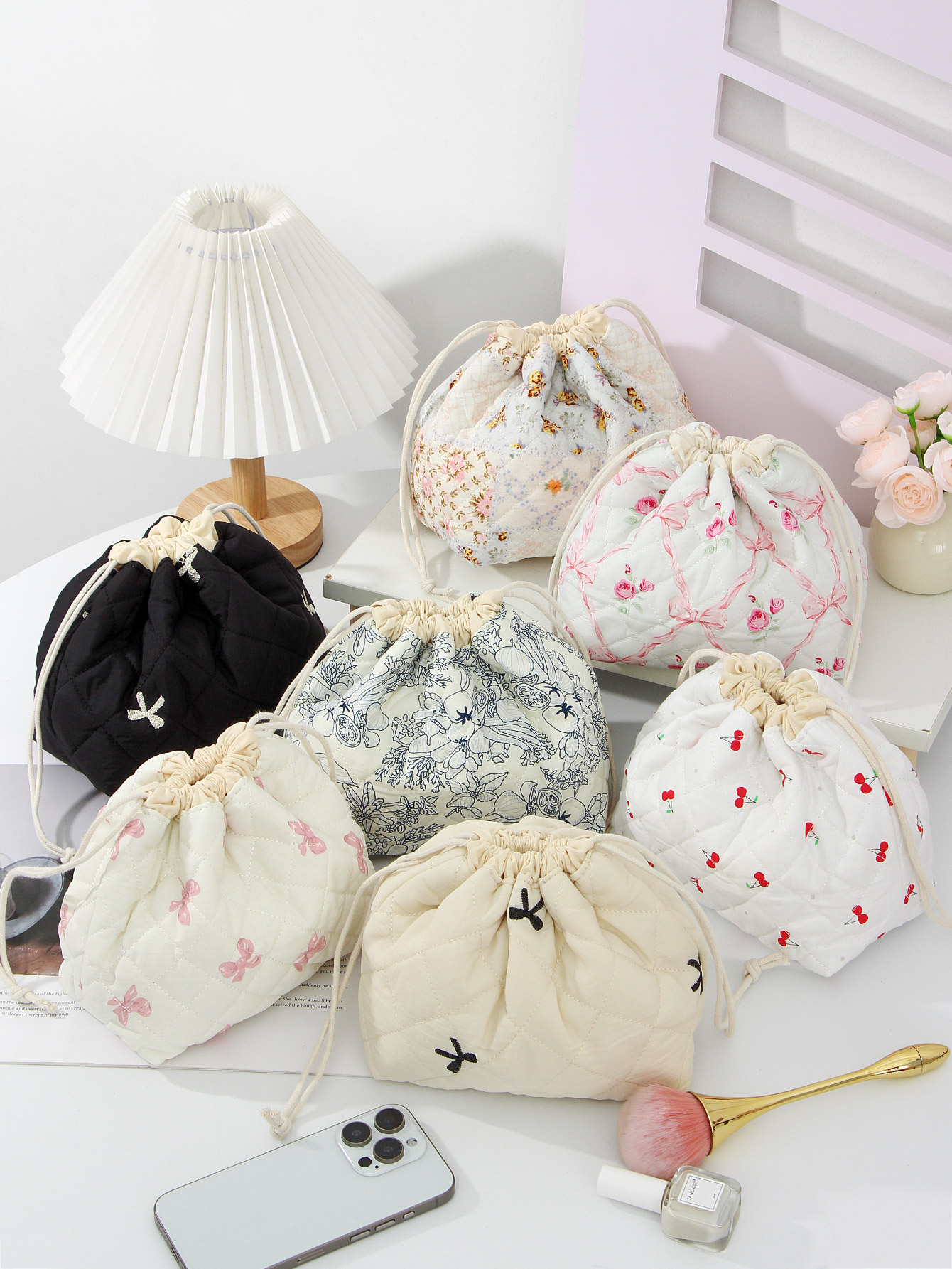 1-delige make-uptas met bloemenkoord en trekkoord, make-uptas voor badkamertoiletartikelen, essentiële make-uptas voor op reis