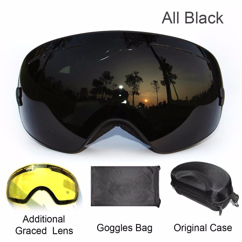 BENICE snowboard goggles 2 dubbele lens UV400 anti-fog sferische ski bril skiën mannen vrouwen ski bril + lens + Box Set: All Black