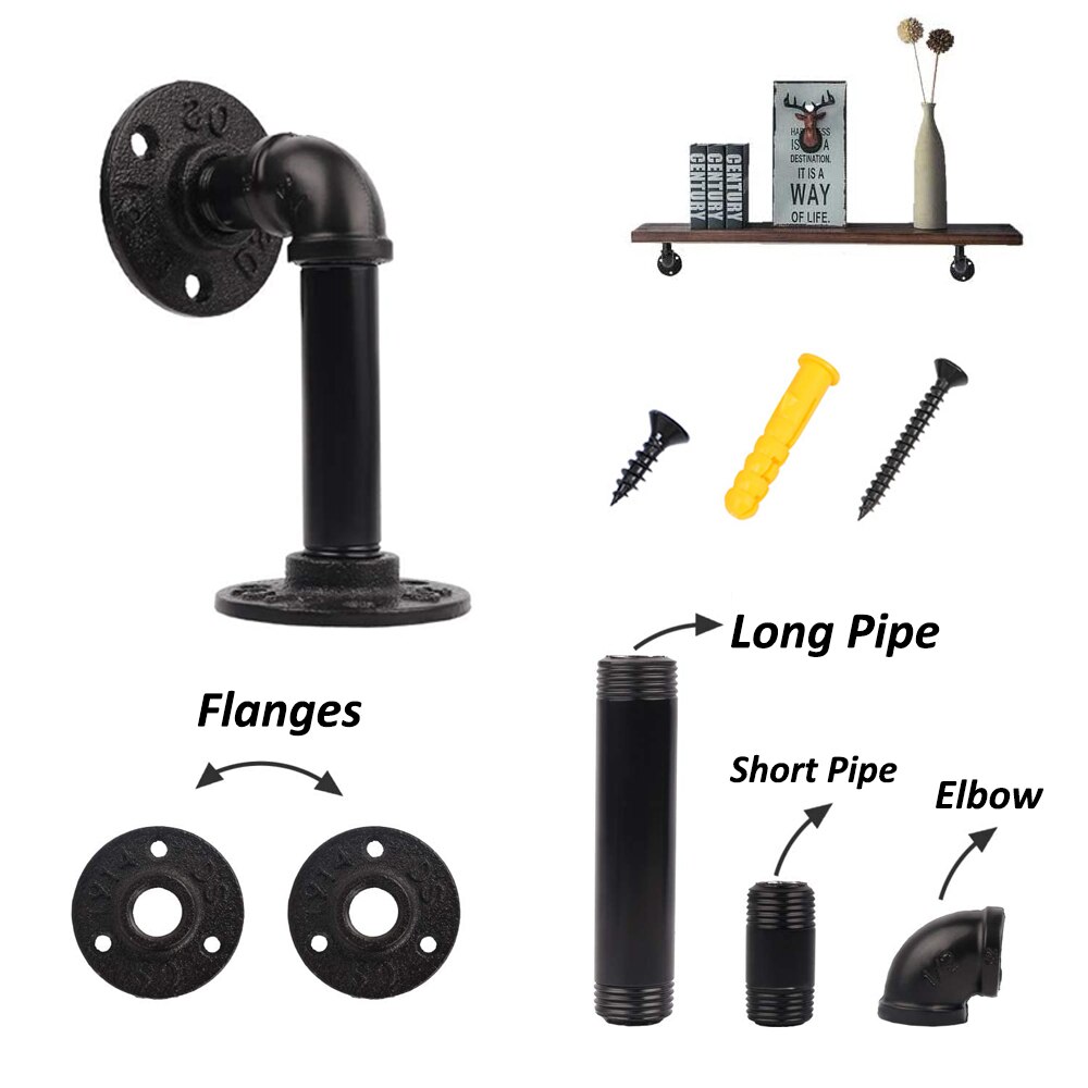 90 Graden Bocht Dubbele Flenzen Industriële Ijzeren Pijp Plank Beugels Rustieke Pijp Beugel Black Metal Wandmontage Vintage Meubels