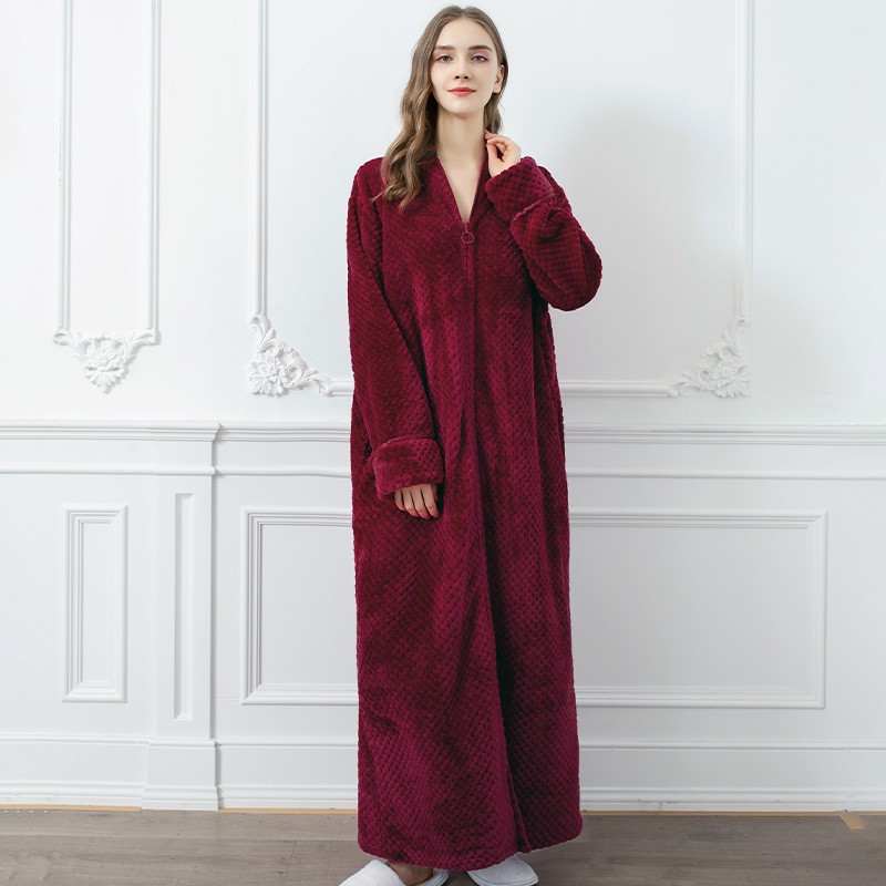 Frauen Winter Extra Lange Warme Jacquard Flanell Bademantel Schwangere Zipper Plus Größe Morgenmantel Lounge Korallen Fleece Bademantel: M / Gold