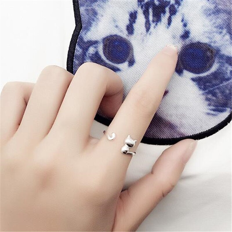 925 Sterling Silver Jewelry Popular Korean Small Fresh Cute Cat Opening Simple Rings SR4