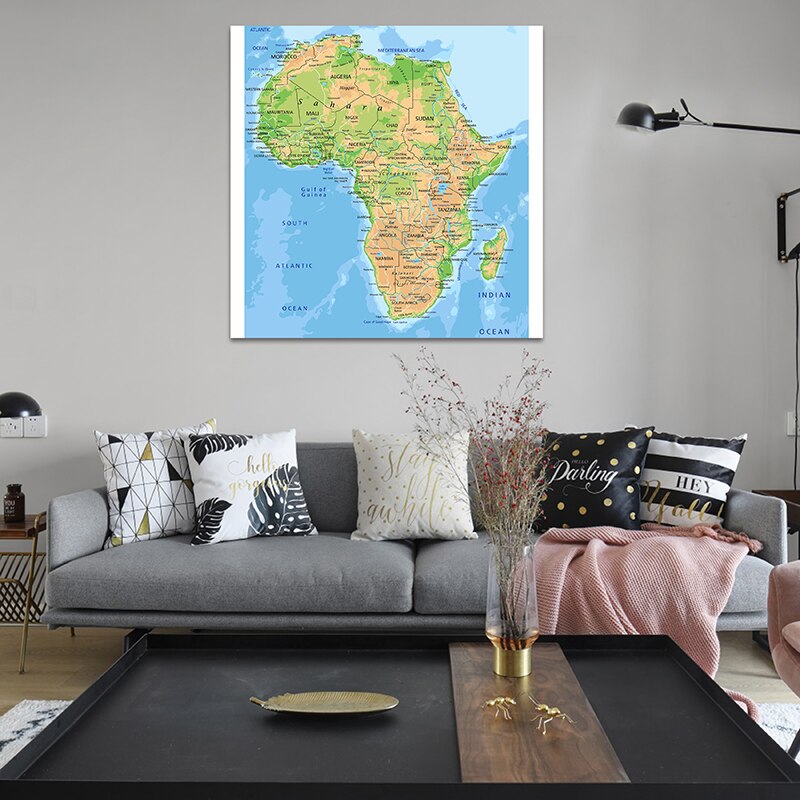 150*150cm African Topographic Map Non-woven Canvas Painting World Maps for Wall for School Supplies Home Decoration