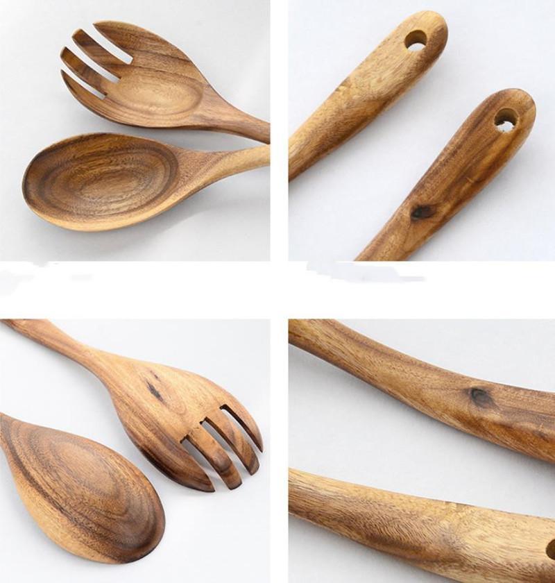 Large Wooden Spoon Set Big Salad Serving Spoon Fork Natural Wood Tablespoon Long Handled Cooking Spoon Kitchen Utensils