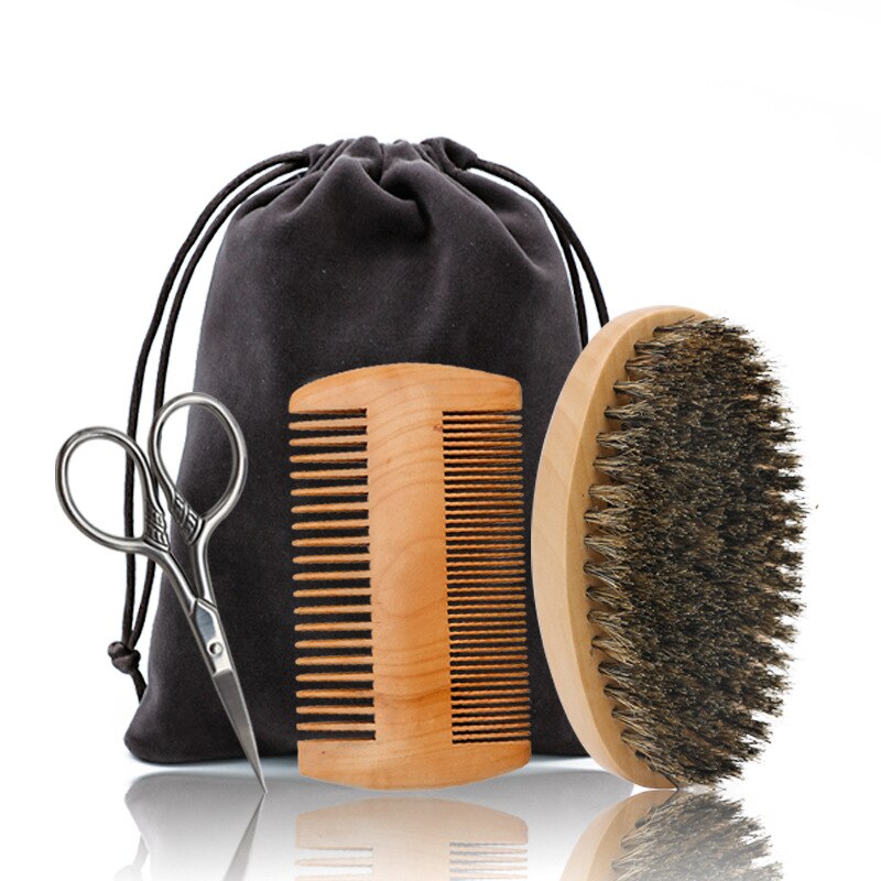Skæg hår kam sæt blødt ornebørste træ skæg børste frisør barbering værktøj herre overskæg kam kit med taske: Orange
