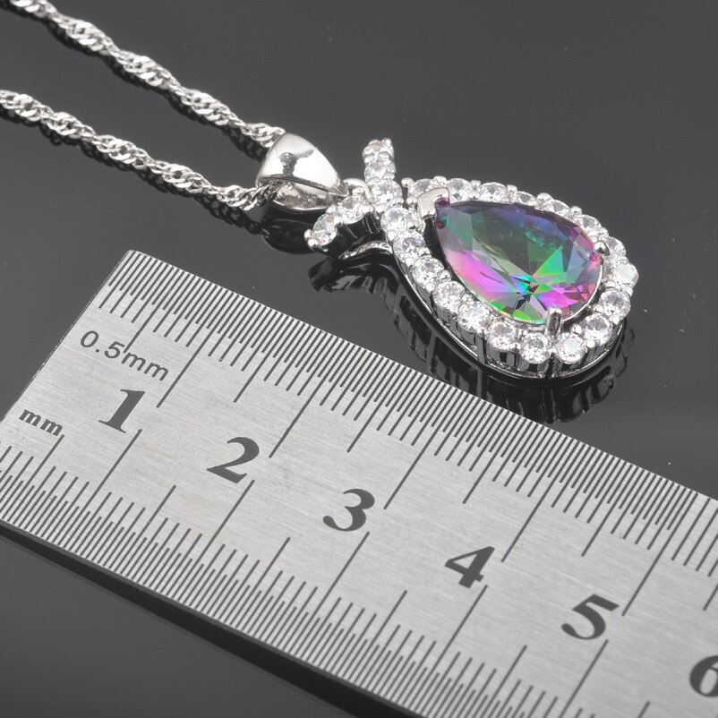 Water Dtrop – ensemble de bijoux pour femmes, couleur argent, zircone arc-en-ciel, Bracelet, pendentif, boucle d'oreille, de mariée, QS0572