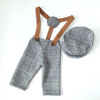 Newborn Flat Cap Sets Boy Overalls for Photo Shoot Bebe Fotografia Outfit Pants Suspender Straps Photo Baby Photography Props: Gray