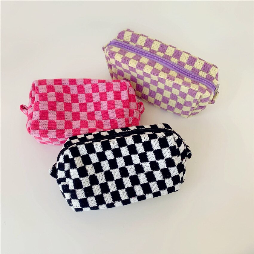 Dambord Rooster Make-Up Tas Gebreide Stof Vrouwen Cosmetische Organizer Rits Beauty Pouch Pols Make Up Pouch Toilettas Case
