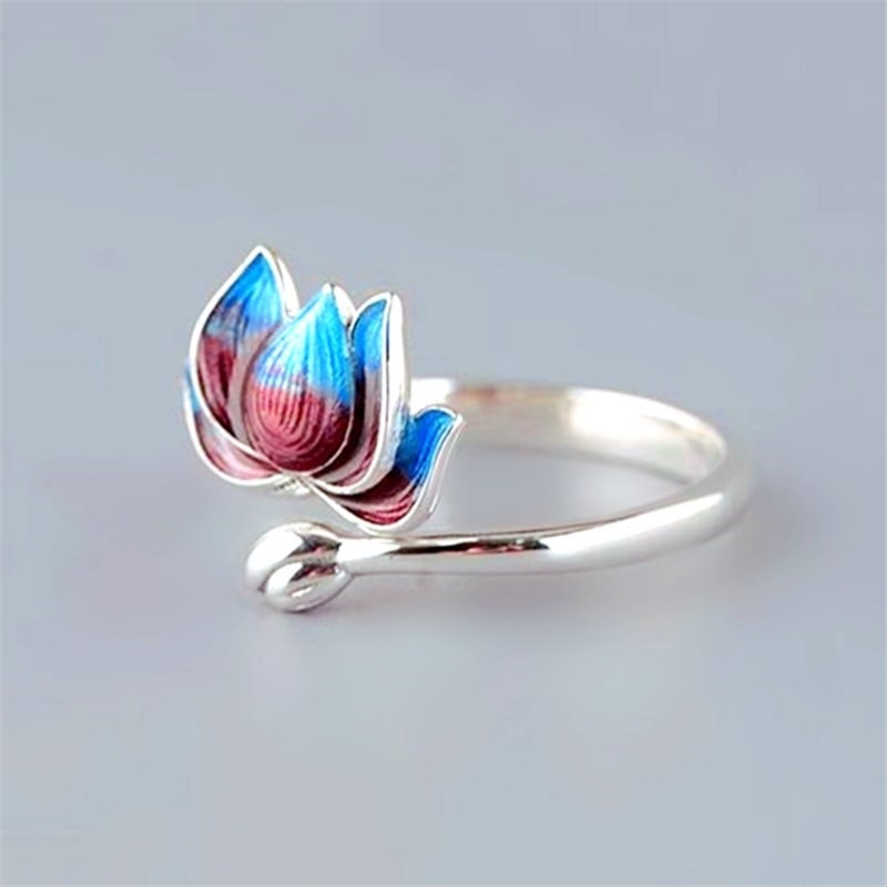 Nouveauté ethnique plante Lotus réglable anneaux pour femmes dames 925 en argent Sterling coloré émail anneau