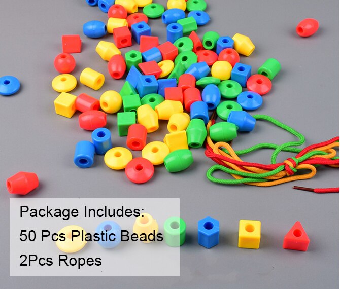 GYH – blocs géométriques en plastique, jeu de perles à enfiler, pour l'éducation précoce des bébés, outils d'enseignement des maths: 50Plastic Bead 2Rope