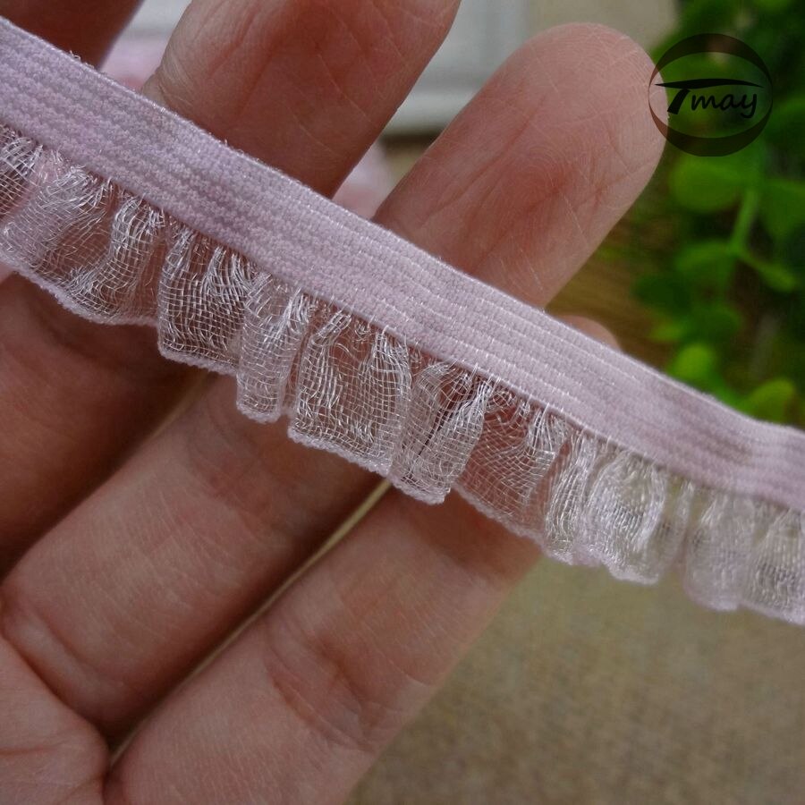 #1020 roze ruche kant trim 13mm 6 yards/lot elastische kant Vouw Chiffon Garen Kant haar Elastische bands Gaas Ruches DIY Kleding