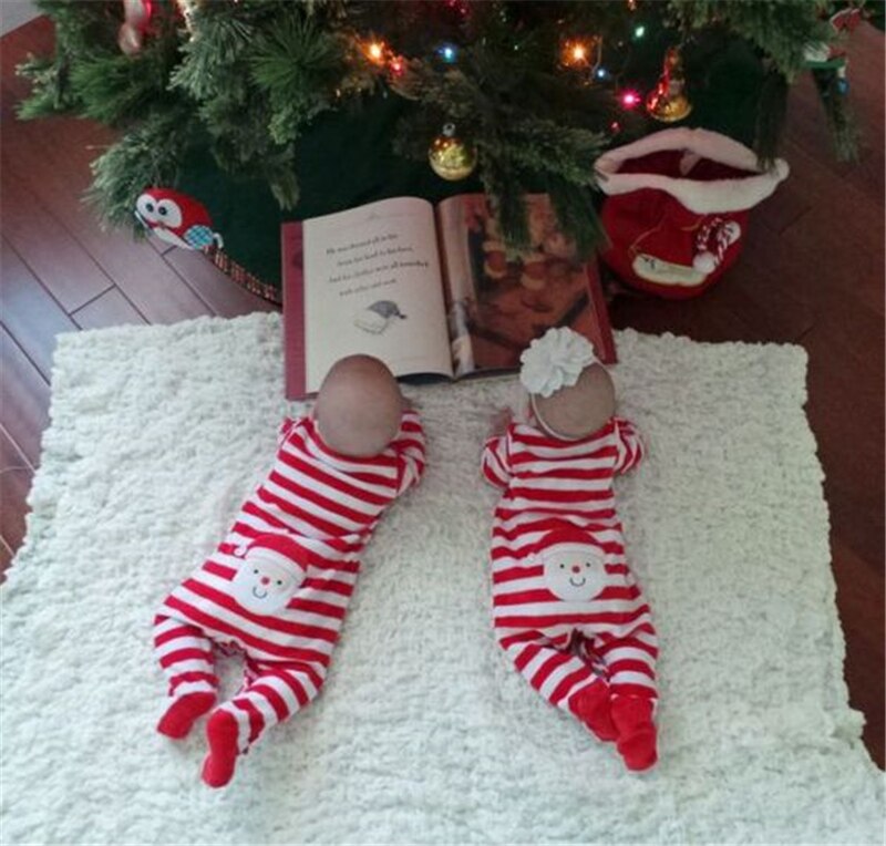 Kerst Stijl Mooie Baby Lange Mouwen Cartoon Rompertjes Kerstman Streep Patroon Een Stuk Lange Broek Voor Jongen En Meisjes