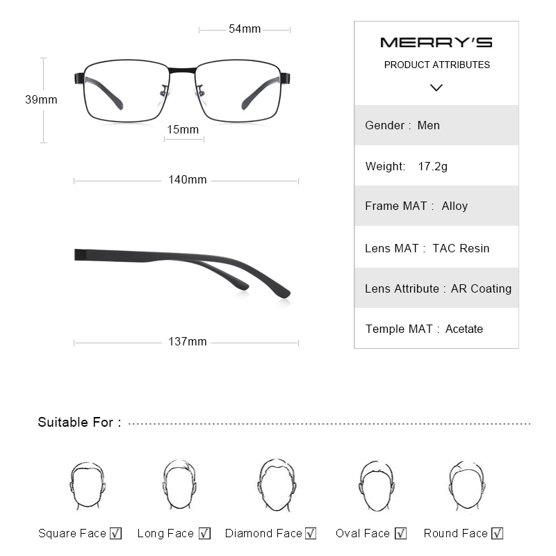 Lunettes de vue pour hommes merrys, monture carrée, verres correcteurs pour la myopie, style business,  tr90 montures, branches en alliage de titane ,  s2105